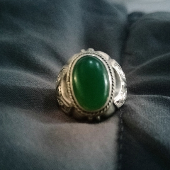 Men's Green Onyx and Sterling silver ring Size 9 - Picture 3 of 10